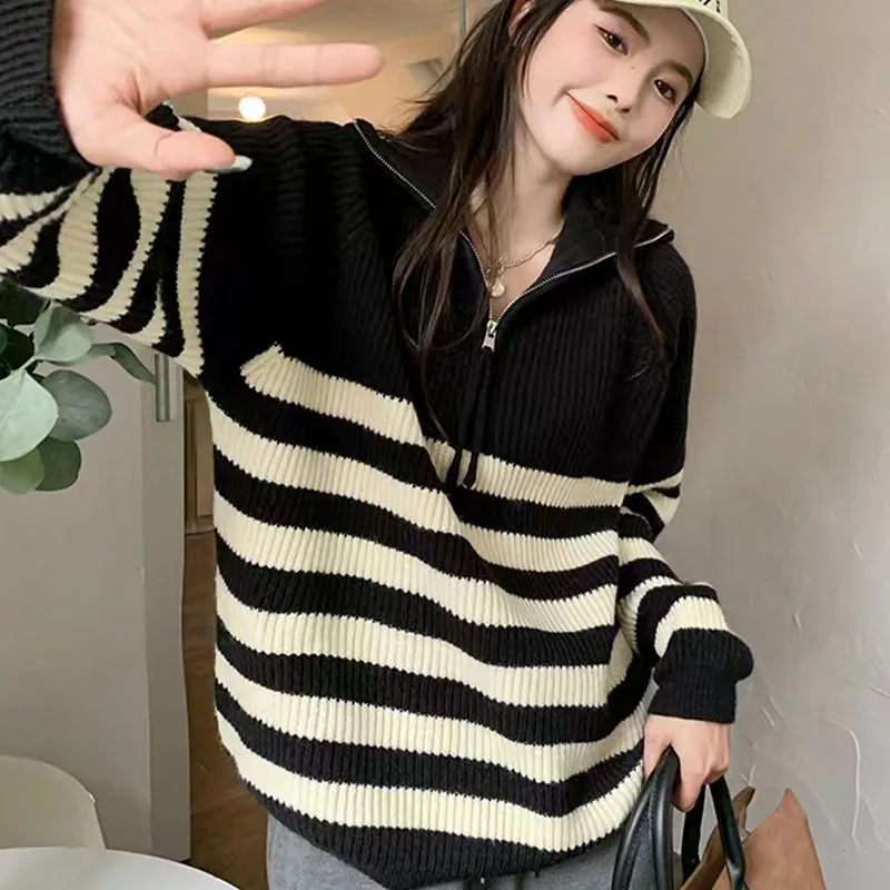 Maglione di lana a maniche lunghe con cerniera a collo semi-alto di grandi dimensioni da donna Autunno 2024 Nuova moda allentata Top Tide