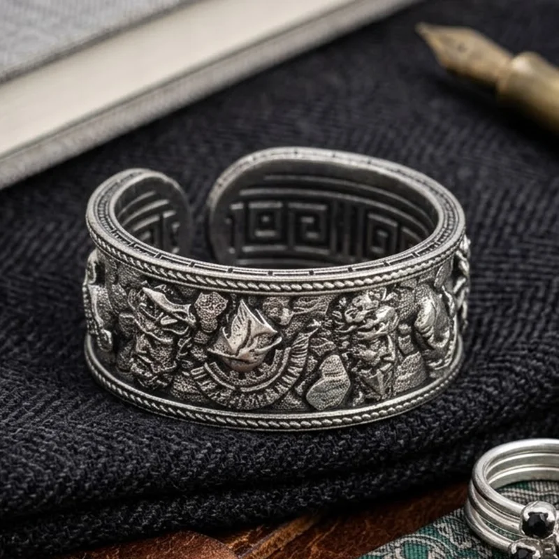 Buy 4 Get 1 Free Broken columns cradle the slumbering gods, the meander flows like a river of time upon the finger Silver Rings