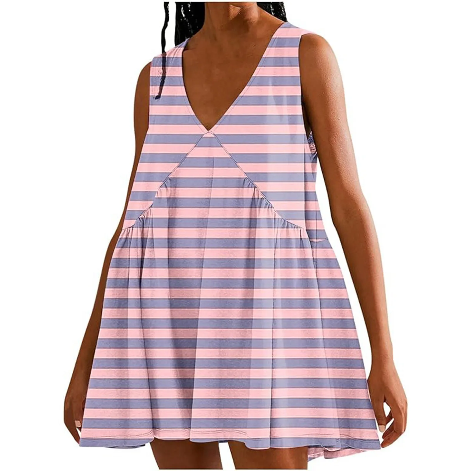 

Striped Printed Mini Dress For Women Sleeveless V-Neck Short Dress Summer Casual Loose Fit Dresses Holiday Vocation Vestidos