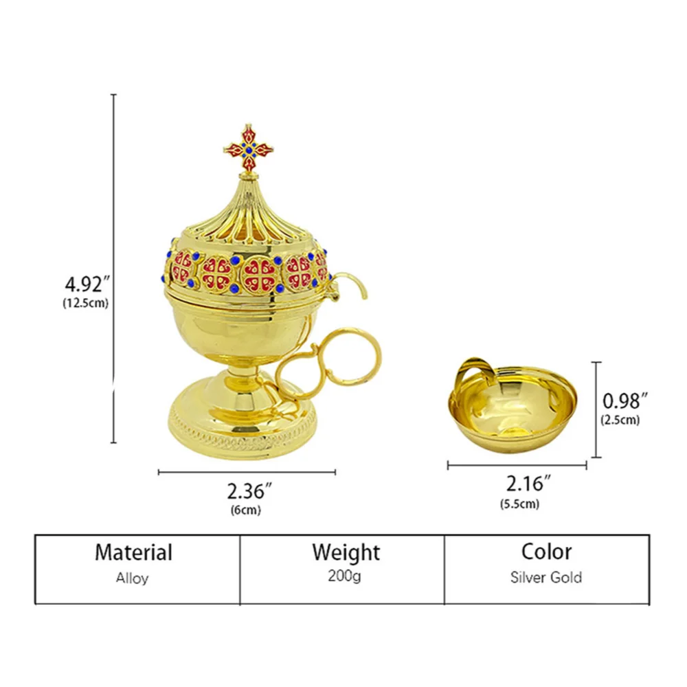 Orthodox Church Incense Burner Zinc Alloy 4.92'' Height Cross Decor Censer for Religious Rituals Home Altar
