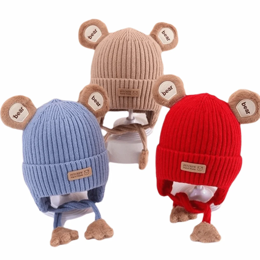 

Шапка-бини с милым медведем для малышей, вязаный материал со шнуровкой, зимняя теплая шапка, теплая утепленная вязаная шапка с хлопковой подкладкой для младенцев