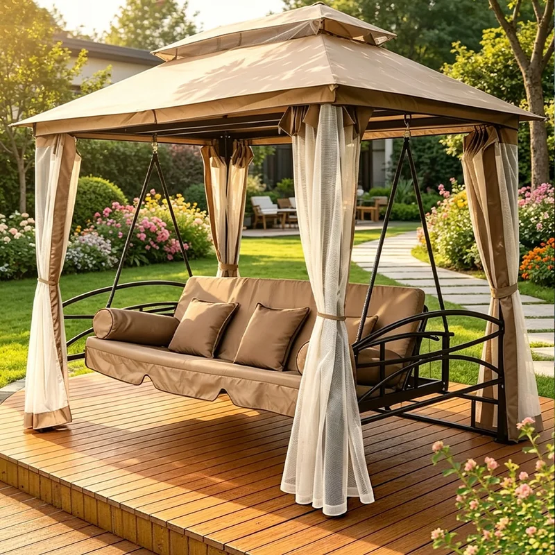 `Outdoor Swing Bed 3-Seater Iron 2-in-1 Sit Lie Oversized Patio Garden Courtyard Leisure Hanging Hammock Rocking Chair