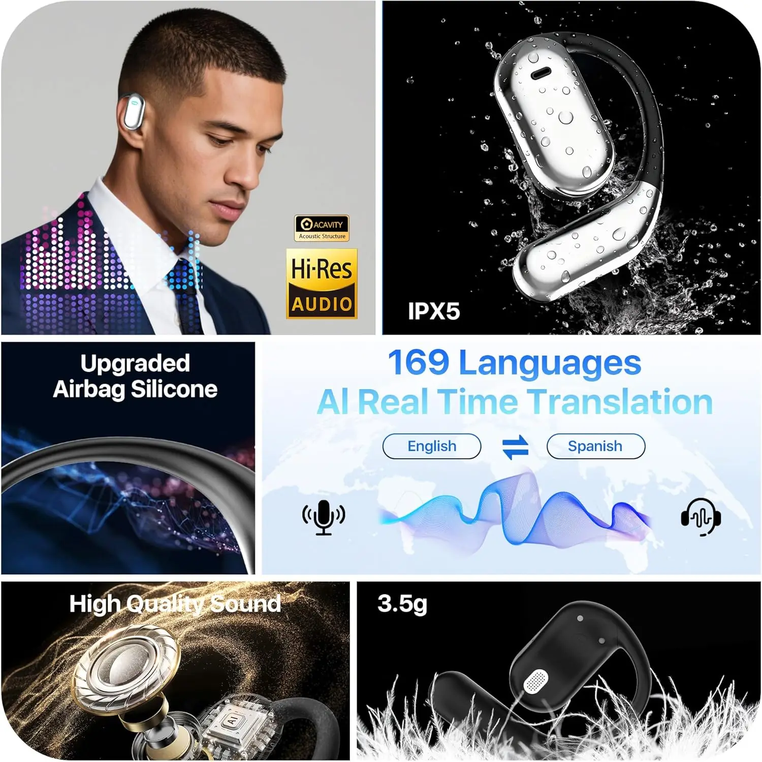 سماعات أذن للترجمة بالذكاء الاصطناعي في الوقت الحقيقي، 169 لغة و8 أوضاع غير متصلة بالإنترنت، سماعات أذن مترجم لغة وقت اللعب 60 ساعة، #4