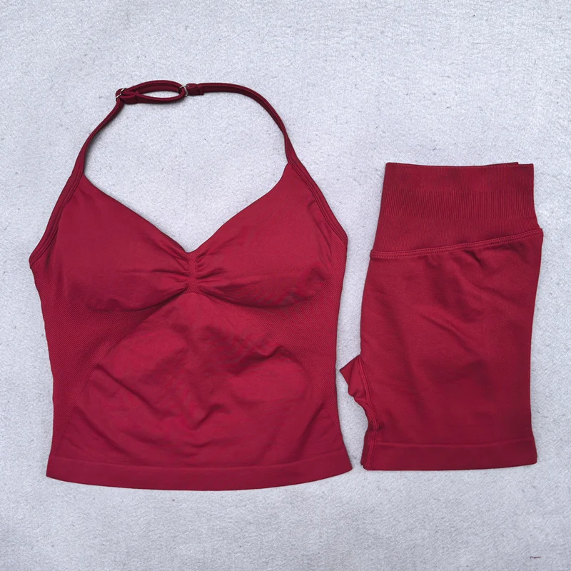 2-teiliges Yoga-Set für Damen, rückenfrei, Neckholder-Tops, hohe Taille, nahtlose Shorts, Fitnessstudio, Anzug, Fitness-Kleidung, Sportbekleidung, Workout-Sets – Detail 6