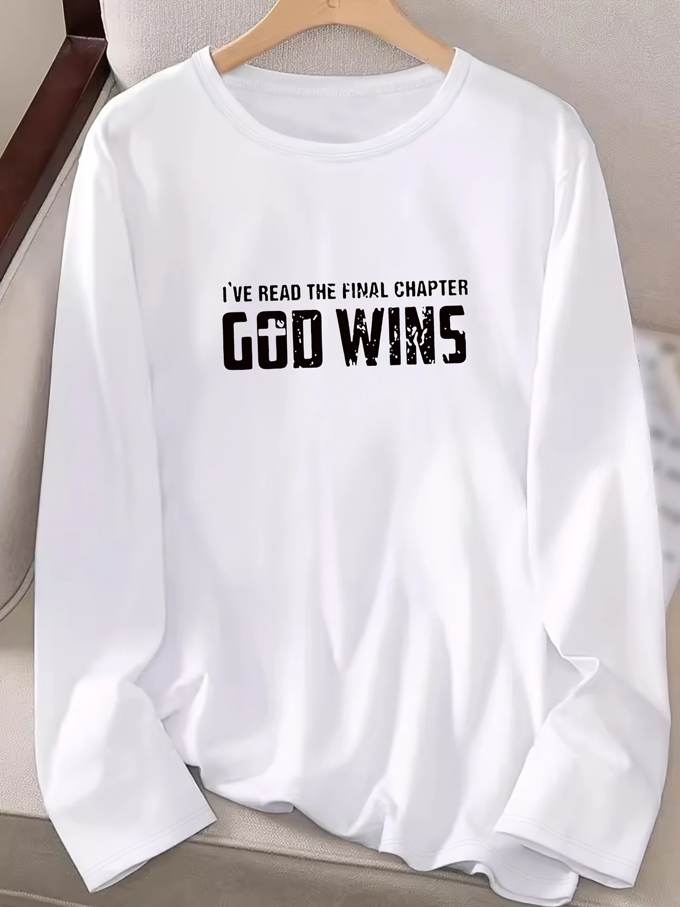 90s Casual Long Sleeve Crew Neck T-Shirt Featuring A Print That Says God Wins Perfect for Spring and Autumn Designed for Women