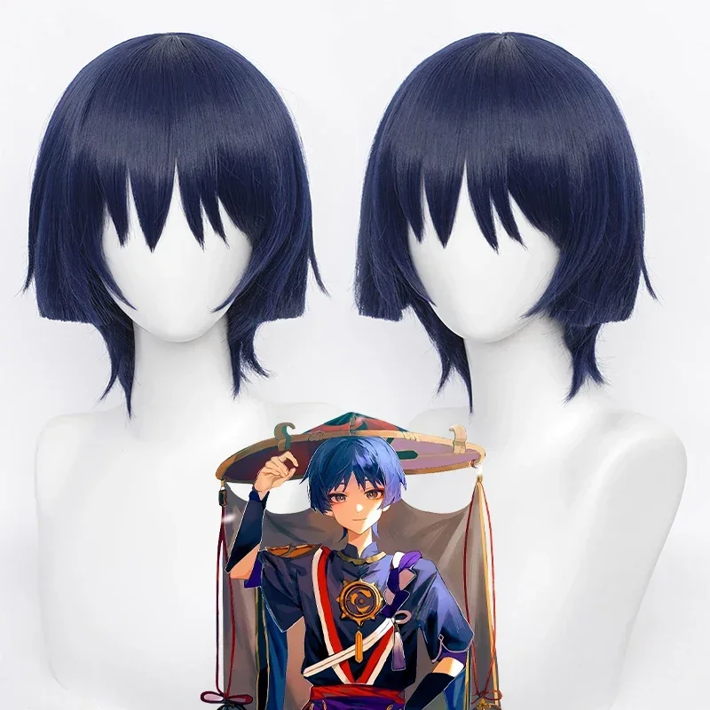 Genshin impacto scaramouche cosplay peruca anime jogo curto azul sintético resistente ao calor cabelo para festa