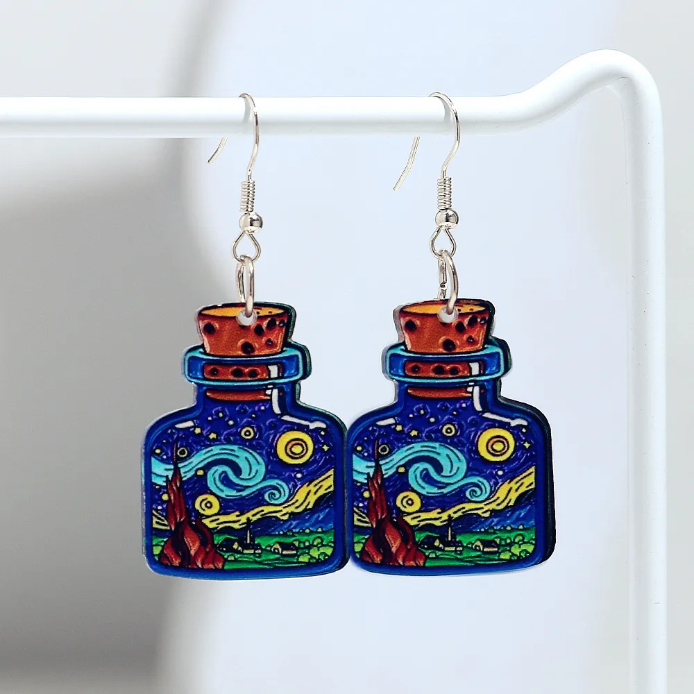 2D Acrylic Print Starry Sky Wish Bottle Pendant Earrings Women Creative World Famous Painting Drop Earring Fashion Jewelry Gift