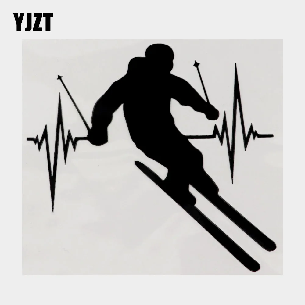 YJZT 12.8CM×12.1CM Heart Rate Pulse Ski Downhill Car Sticker Black/Silver Decal 8A-1358