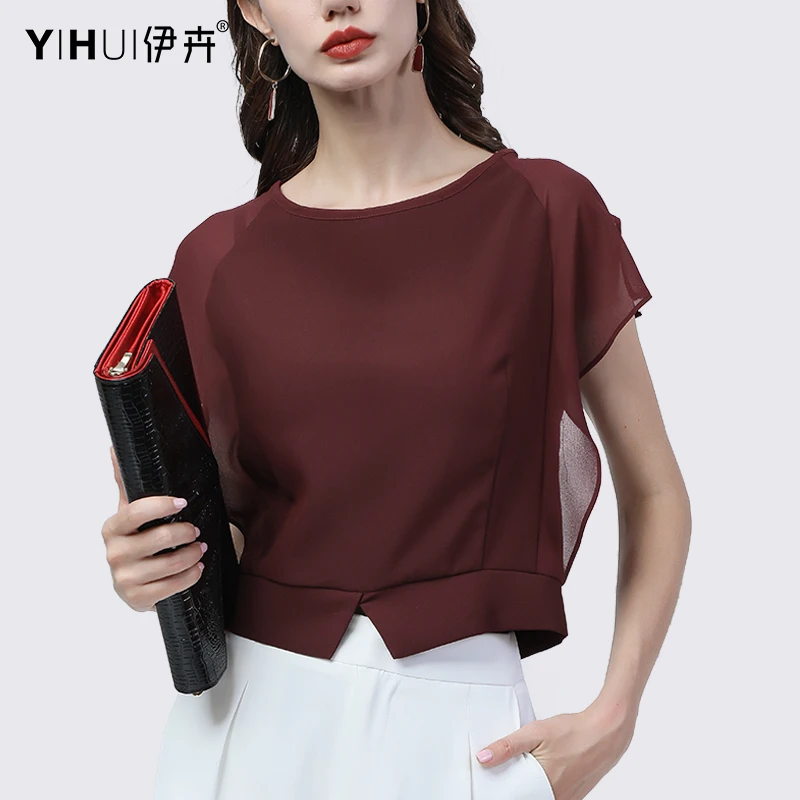 Elegant Women' Summer Short Sleeve Crew-neck Chiffon Top Loose Casual White Blouses Office Ladies Working Blouses Pullovers