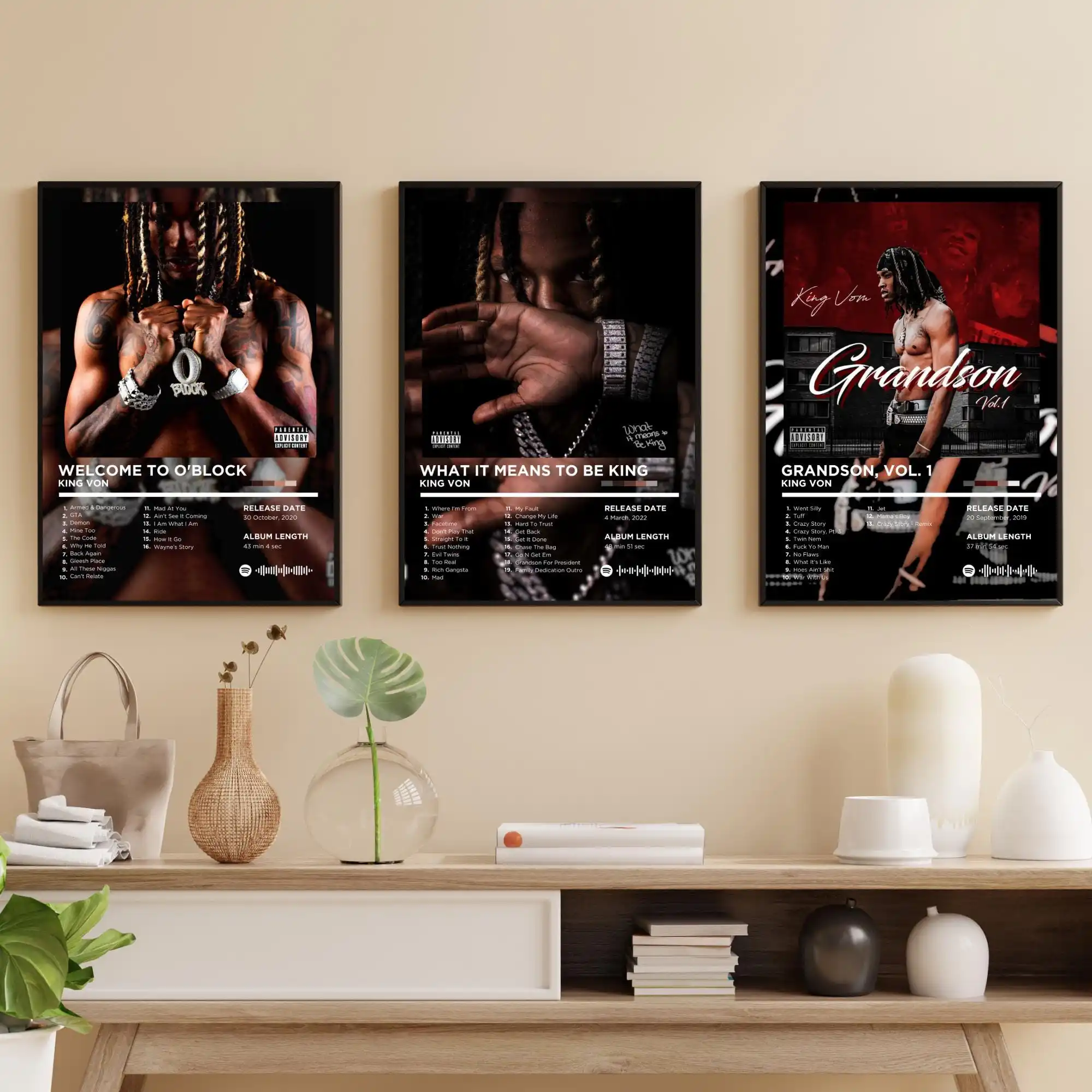 Set of 3 Framed King Von Album Cover Hip Hop Poster Canvas Print Painting Wall Art Bedroom Study Studio Living Room Home Decor