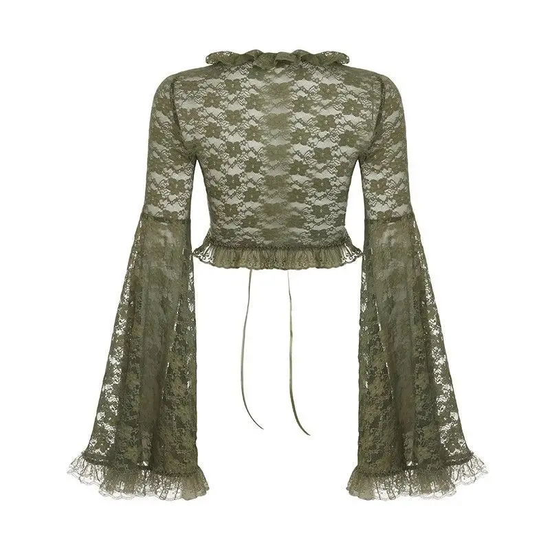 Modische Grüne Spitzen-Oberteile mit Bändern, Gothic Transparente Ausgestellte Ärmel, Crop-Mantel für Damen, Durchsichtige Patchwork-Club-Party-Glockenärmel-Blusen 2026 – Detail 8