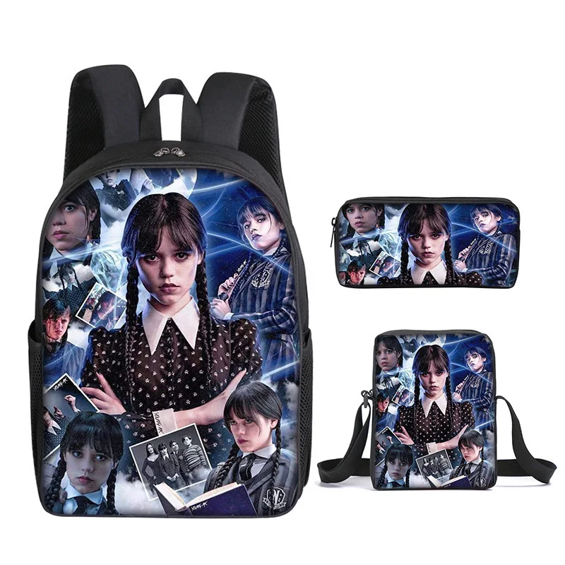 3PC/set Wednesday Addams Backpack Nevermore Academy Primary Middle School Students Boys Girls Schoolbag Cartoon Bag Mochila