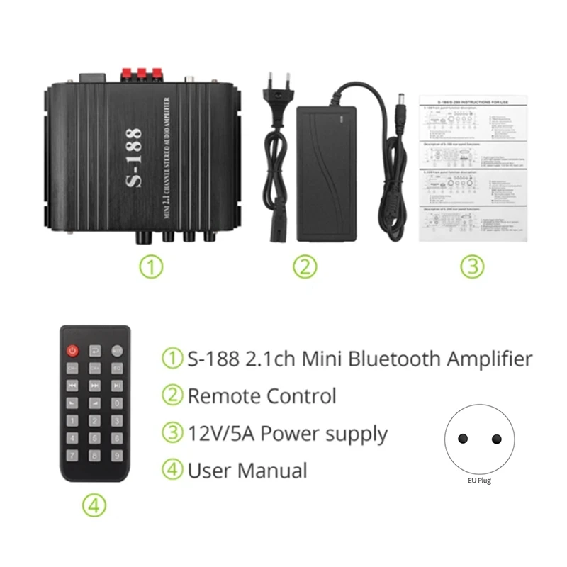 90W S-188 Bluetooth Stereo Hifi Amplifier 2.1 CH Audio Power Amplifier Bass Treble Control Music Player Amp EU Plug Easy To Use