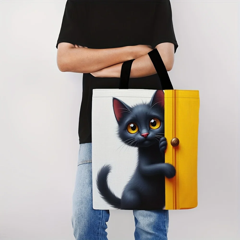 Stilvolle Einkaufstasche mit schwarzem Katzenmuster, leichte und faltbare Schulter-Einkaufstasche für Schule, Reisen, tragbare Aufbewahrungshandtasche – Detail 4