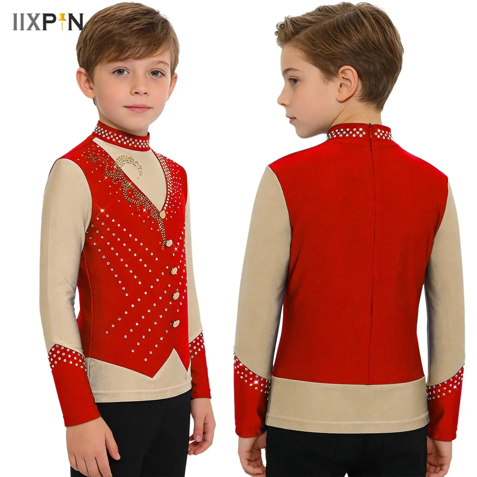 Kids Girls Long Sleeve Contrast Color Top Sparkly Rhinestones T-shirts for Figure Ice Skating Artistic Gymnastics Dance Workout