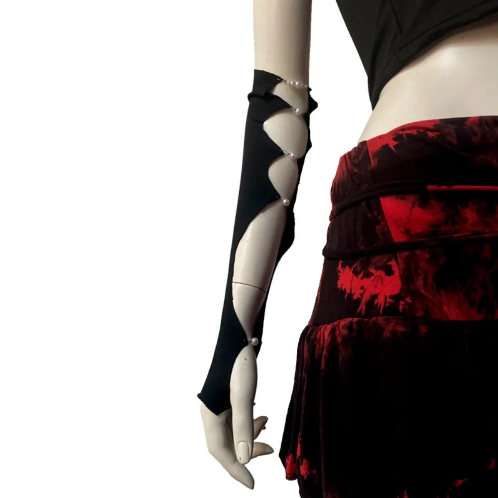 أزياء كول الأسود الشرير أكمام أذرع تبريد نابض Y2K اللؤلؤ نصف إصبع غطاء للذراع رقيقة الساق الجوارب جوفاء العجل كم الصيف #4