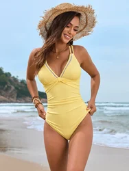 Solid Color One Piece Swimsuit for Women Conservative Slim Monokini V-neck Suspender Backless Beach Bikini Swimwear 2025 New