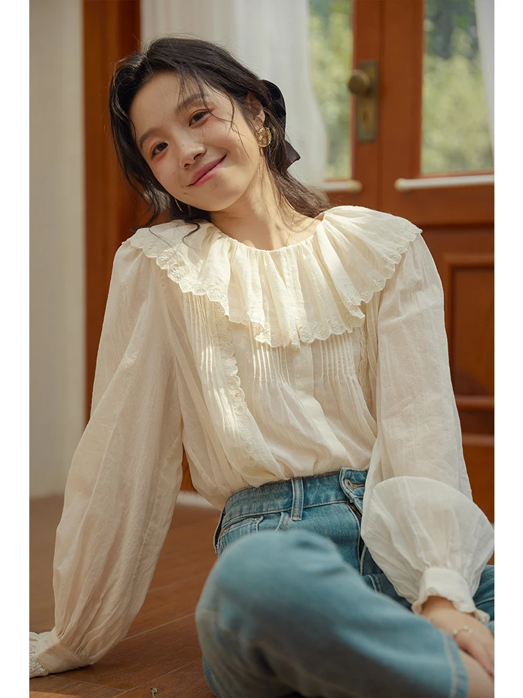 

Long Sve Women's irt Embroidered Lace Collar Design Sensation Cotton Pure Color Loose Fit Commute Sle Traditional Chin...