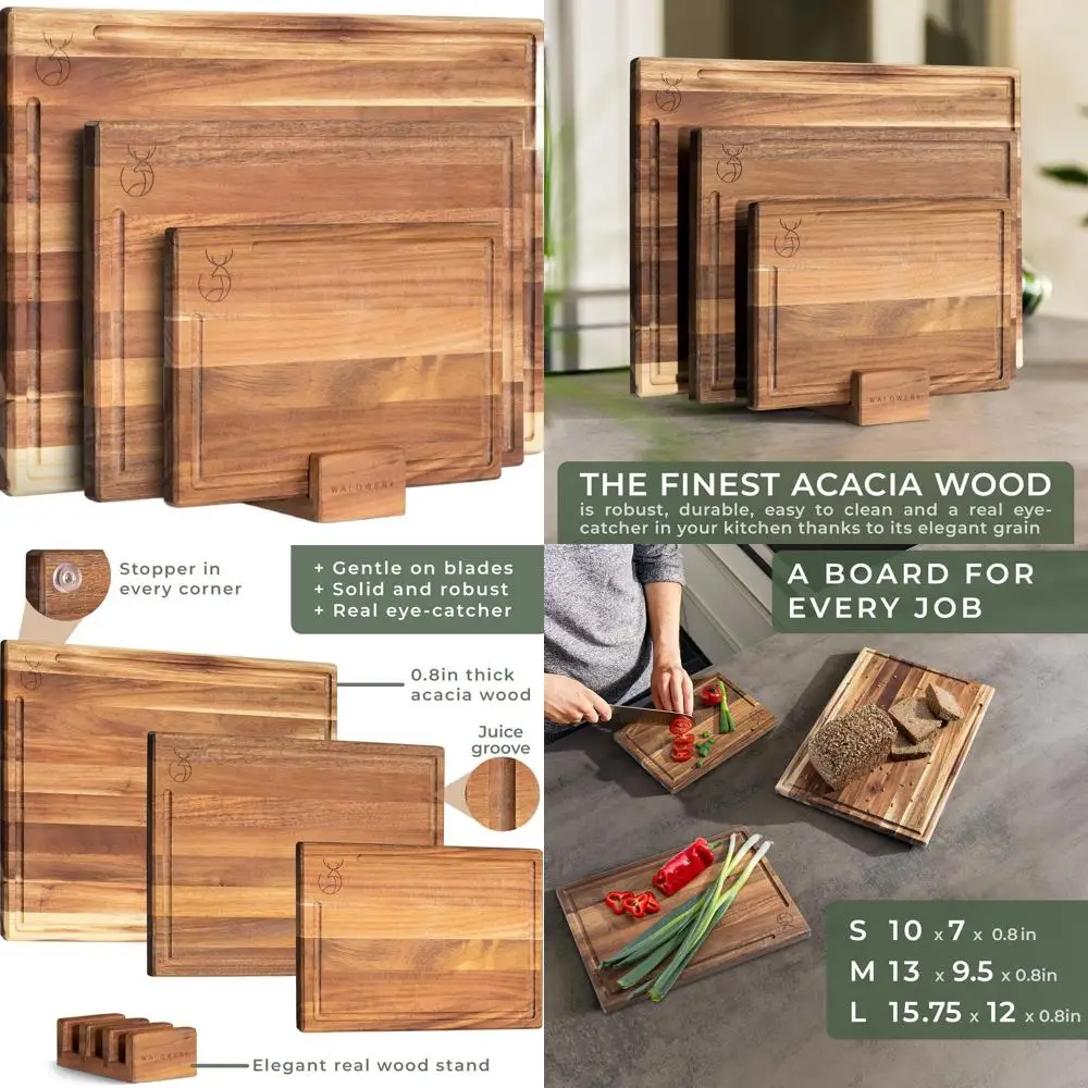 

Acacia Wood Cutting Board Set - 15.75 x 12/13 x 9.5/10 x 7 in - 0.8 in Thick Kitchen Chopping Boards