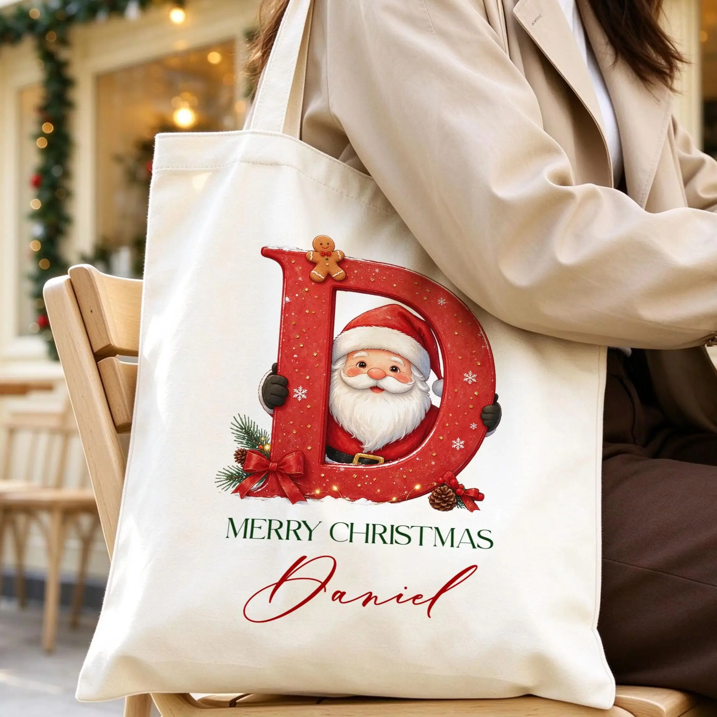 Custom Name Santa Initial Christmas Canvas Tote Bag, Large Capacity Eco-Friendly Reusable Grocery Handbag, Personalized Xmas Gif
