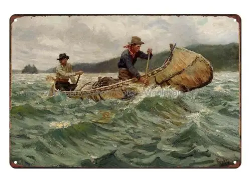 PHILIP GOODWIN Trappers In A Canoe metal tin sign vintage wall decor sign