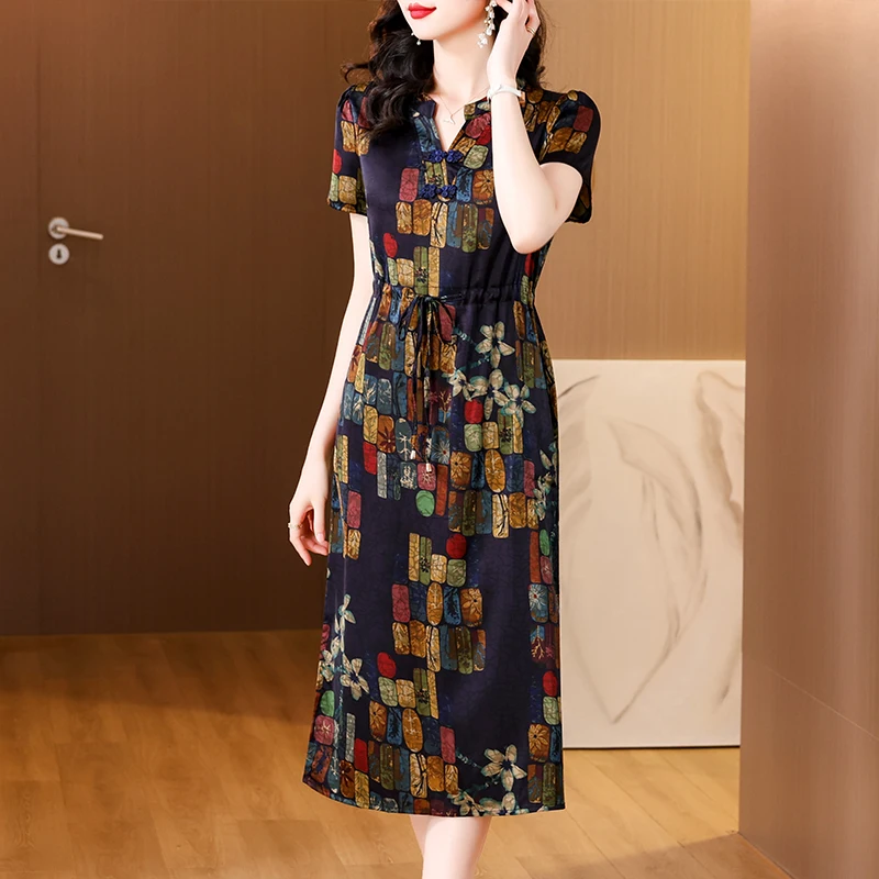 

High Quality Chiffon Dress Mama Aged Summer Fashion Women Dresses 2024 Design Short Sleeves Round Neck