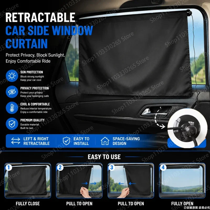 Retractable Car Side Window Curtain, Privacy Protection, UV Block, Heat Insulation, Universal Fit for Most Cars