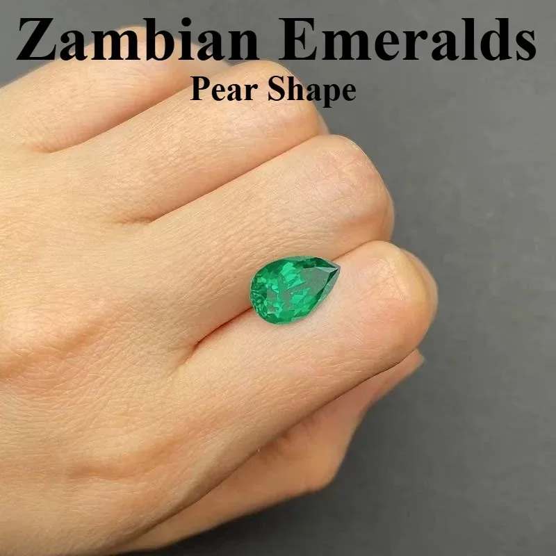 

Lab Grown Zambian Emeralds Pear Shape Hydrothermal Hand Cutting Cut with Cracks Inclusions Inside Selectable AGL Certificate