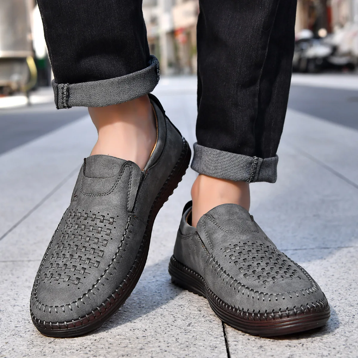Hand Stitched Casual Leather Shoes Men Cross Border Large Size Perforated Breathable Lightweight Outdoor Sneakers
