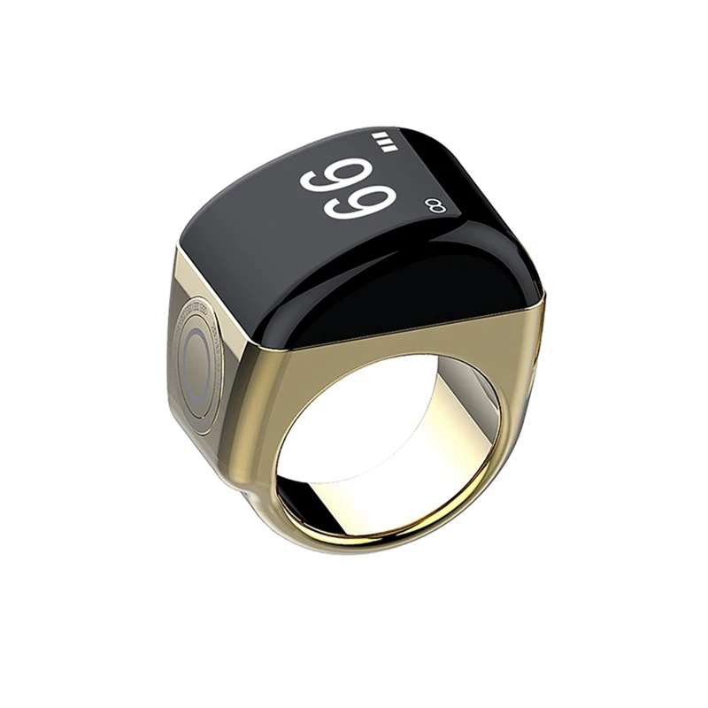 Zinc Alloy Smart Ring With Charging Box Waterproof Digital Counter APP Controlled Display 5 Prayer Time Reminders Gold,18Mm