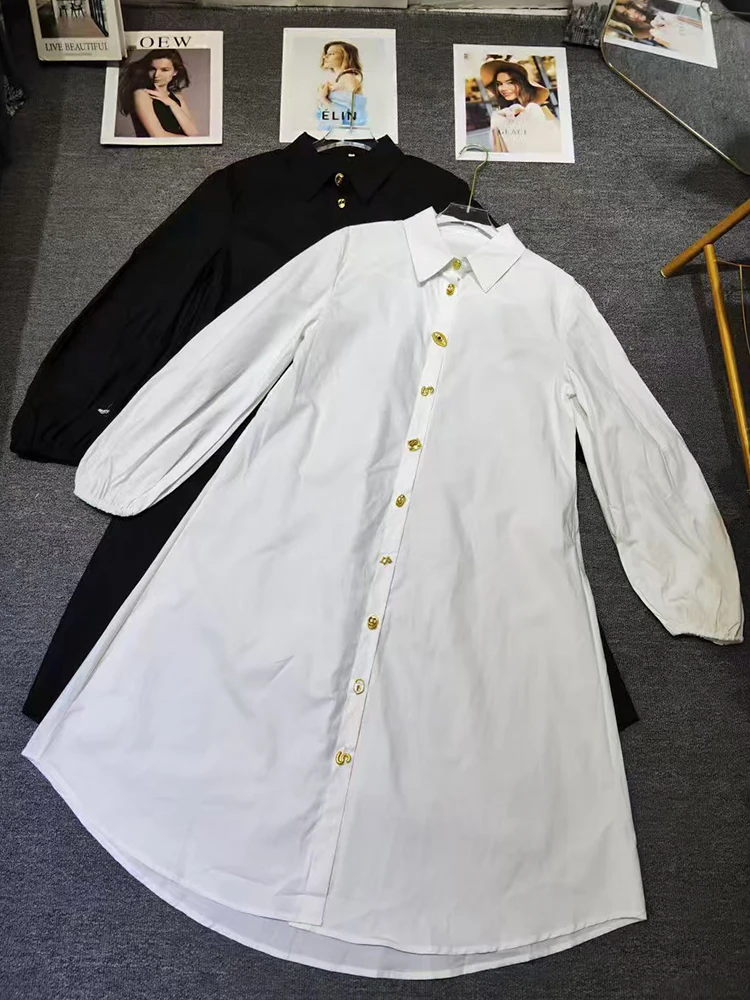 

Designer's solid color lapel long-sleeved shirt dress with multiple buttons 2025 autumn women's fashion loose straight dress