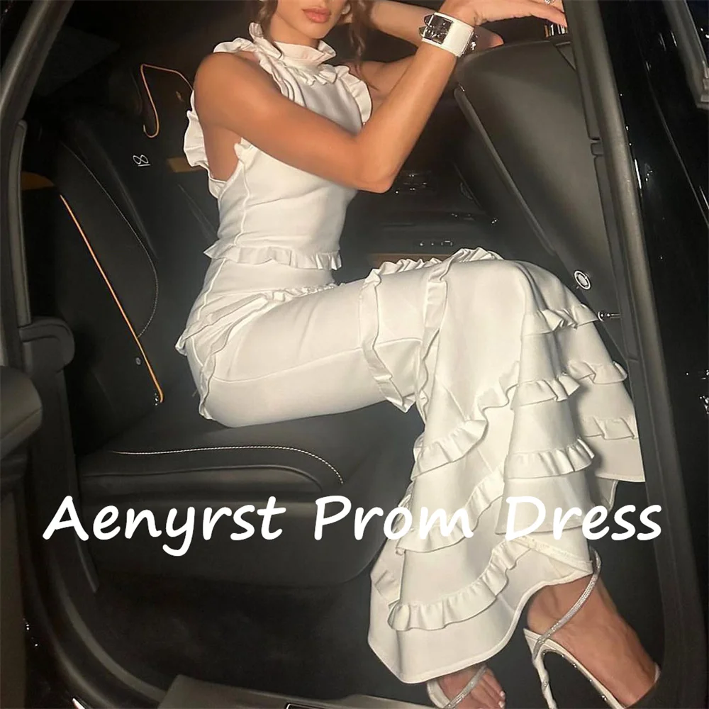 Aenryst Elegant Mermaid Satin Evening Gowns customized High Collar Ruffles Bodycon Prom Dress Tea Length Party Gown فساتين سهره