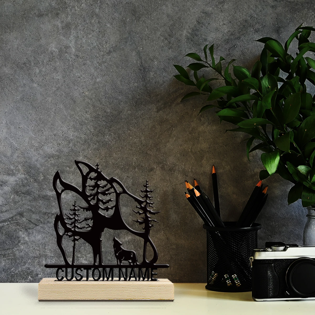 1pc Desktop Metal Ornaments Custom Content Equipped with A Wooden Base Festival Ornaments and Decorations