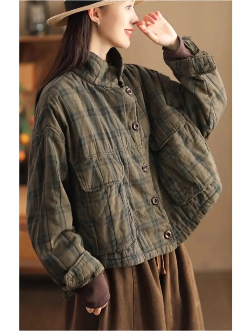 Large Size Women\'s Autumn And Winter Cotton Coat 2023 New Vintage Linen Retro Plaid Quilted Jacket Casual Mujer Chaqueta Z3984