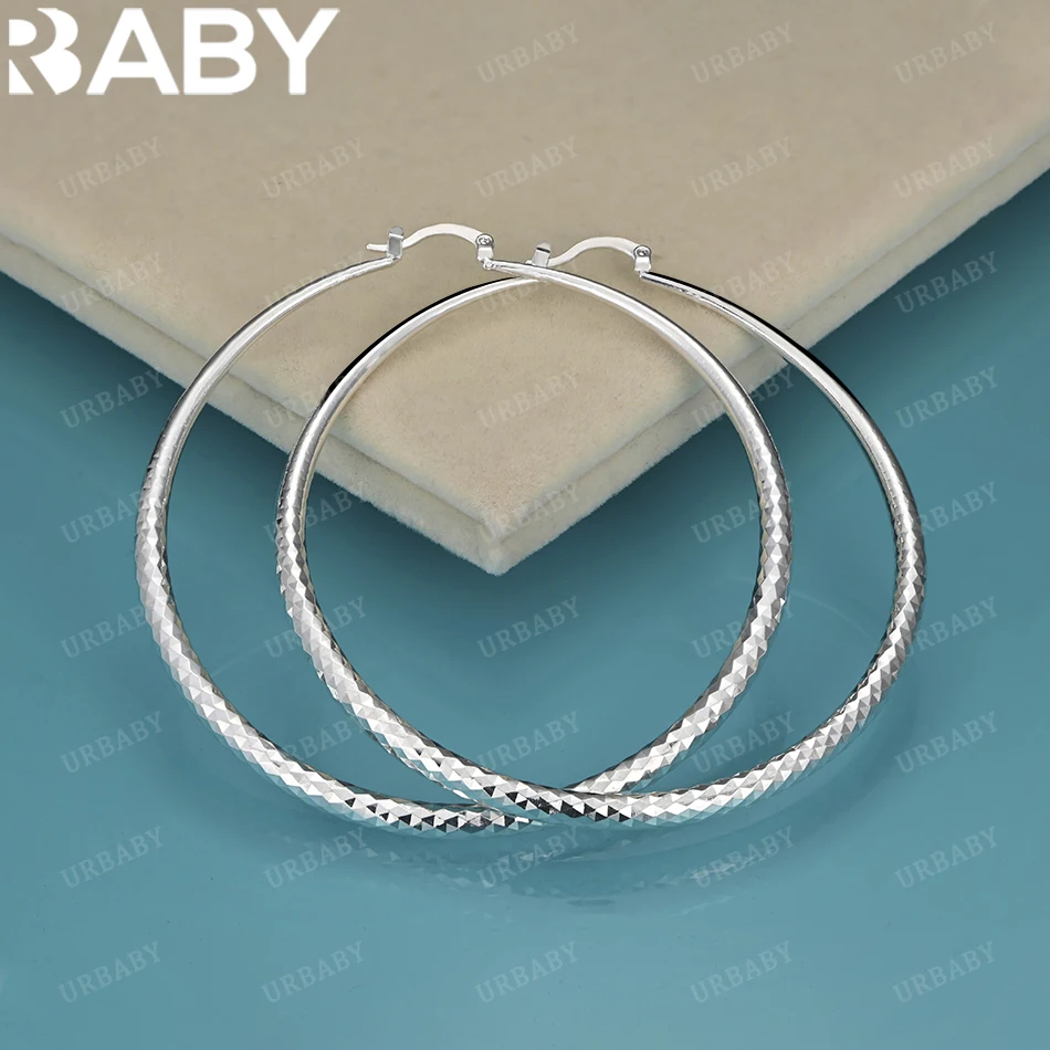 

URBABY 925 Sterling Silver 70mm Diamond ripples Hook Earrings Fashion Design Beautiful Quality Women Jewelry Lady Gifts