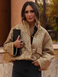 Giubbotto Bomber con paillettes da donna 2024 autunno nuovo girocollo manica lunga tasca orlo elasticizzato giacca con paillettes cappotto capispalla Chic femminile