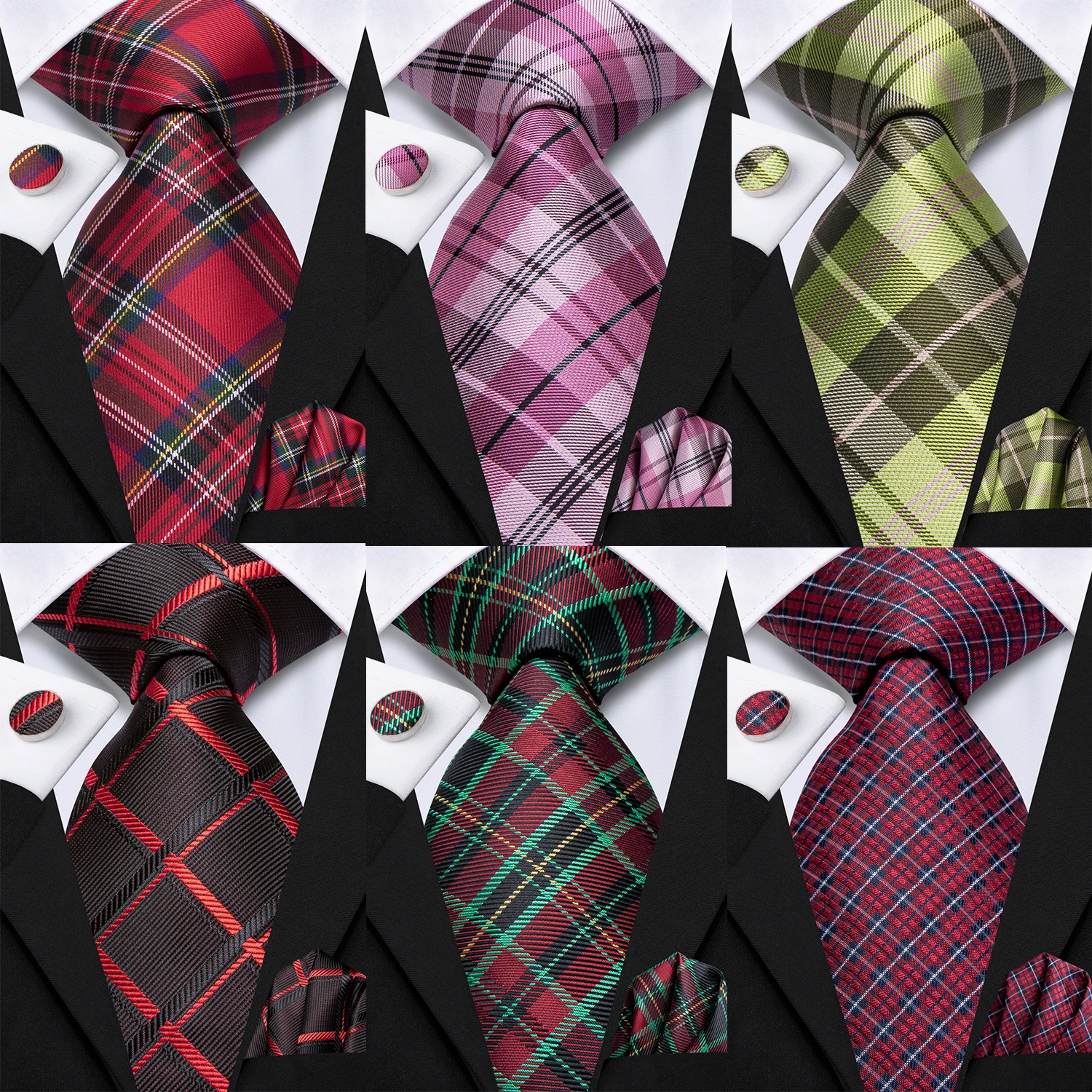 Hi-Tie Rose Pink Checks Plaids Mens Fashion Necktie Handkerchief Cufflinks for Tuxedo Accessory Classic Luxury Tie Man Gift