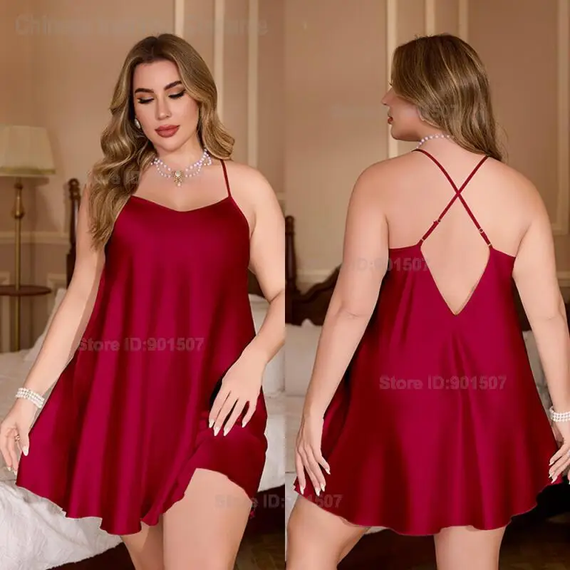 Plus Size Ce Silk Satin Pyjamas Female Summer Backless Halter Short Nightgown Homewear Summer New Lingerie Loose Senior