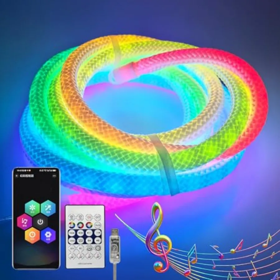 

Светодиодная неоновая лента с подсветкой на 360 градусов, 5 м, 5В USB, синхронизация с музыкой, управление через приложение, для игровой комнаты, фестивалей, кемпинга
