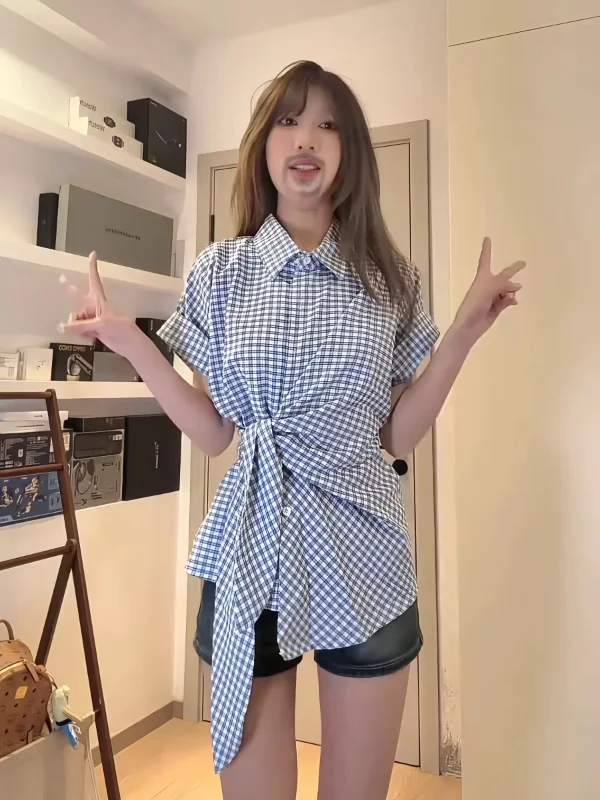 

plus Size Plaid Short Sleeve Shirt Waist Cinching Belted Slimming Top Korean Style Commute Fashion Breathable Polyester Fiber