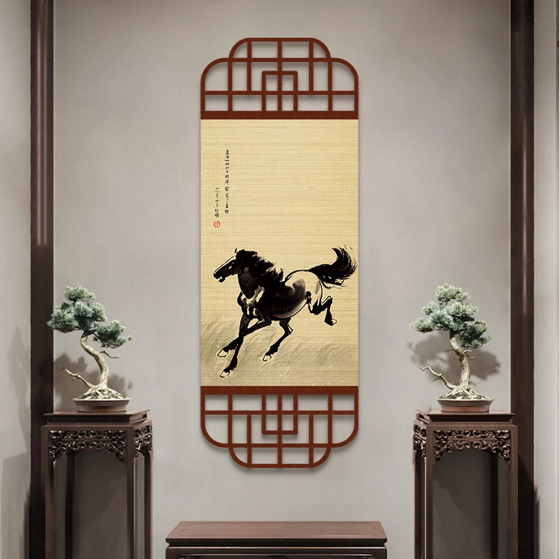 

Chinese Ink Wash Horse Painting, Bamboo Woven Hanging Scroll, Entryway Tea Room Living Room Study Wall Art for Home Wall Decor