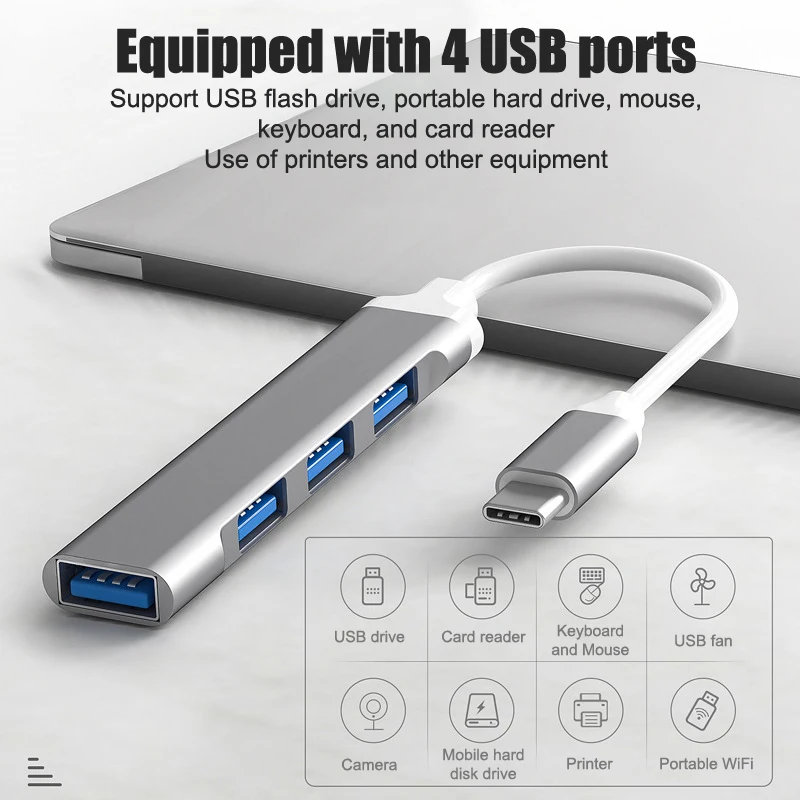 Mini 4-Port USB Type C Hub Adapter USB3.1 Multi Splitter 4-in-1 Docking Station UltraSlim SuperSpeed Aluminum for Laptop PC