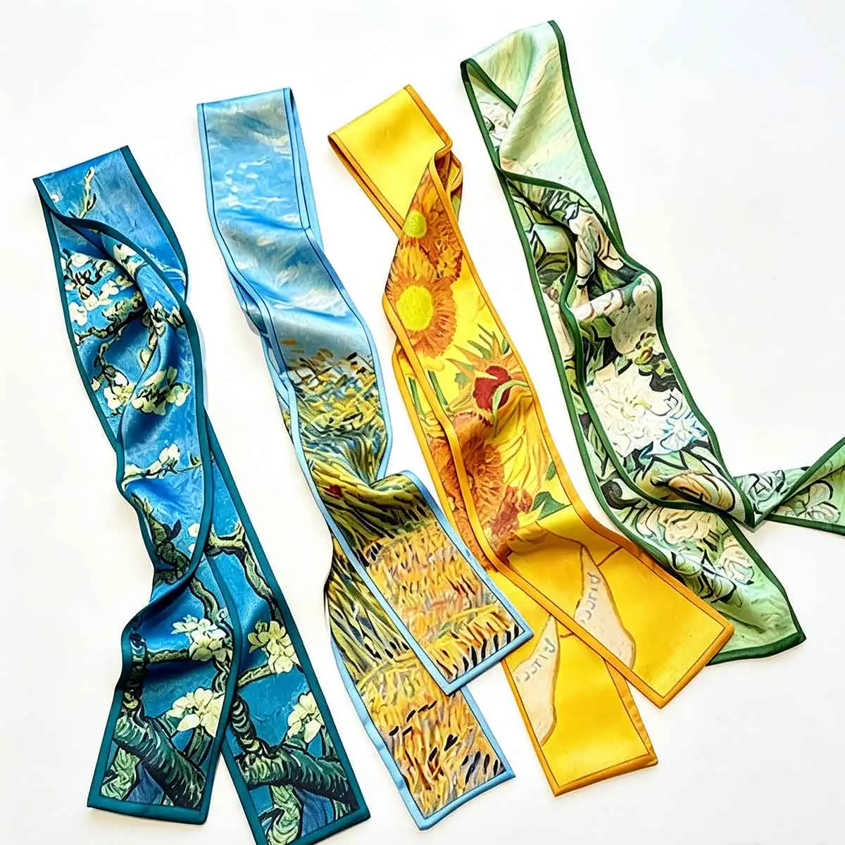 4pcs Monet's Garden Oil Painting Series Silk Scarf Hair Tie Tote Bag Handbag Decor Long Ribbon Elegant Neck Scarf Accessory