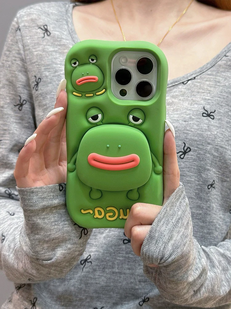 Funny 3D Cute Big Mouth Frog Silicone Hidden Holder Case For iPhone 11 12 13 14 15 16 Pro Max Anti-drop Shockproof Phone Cover