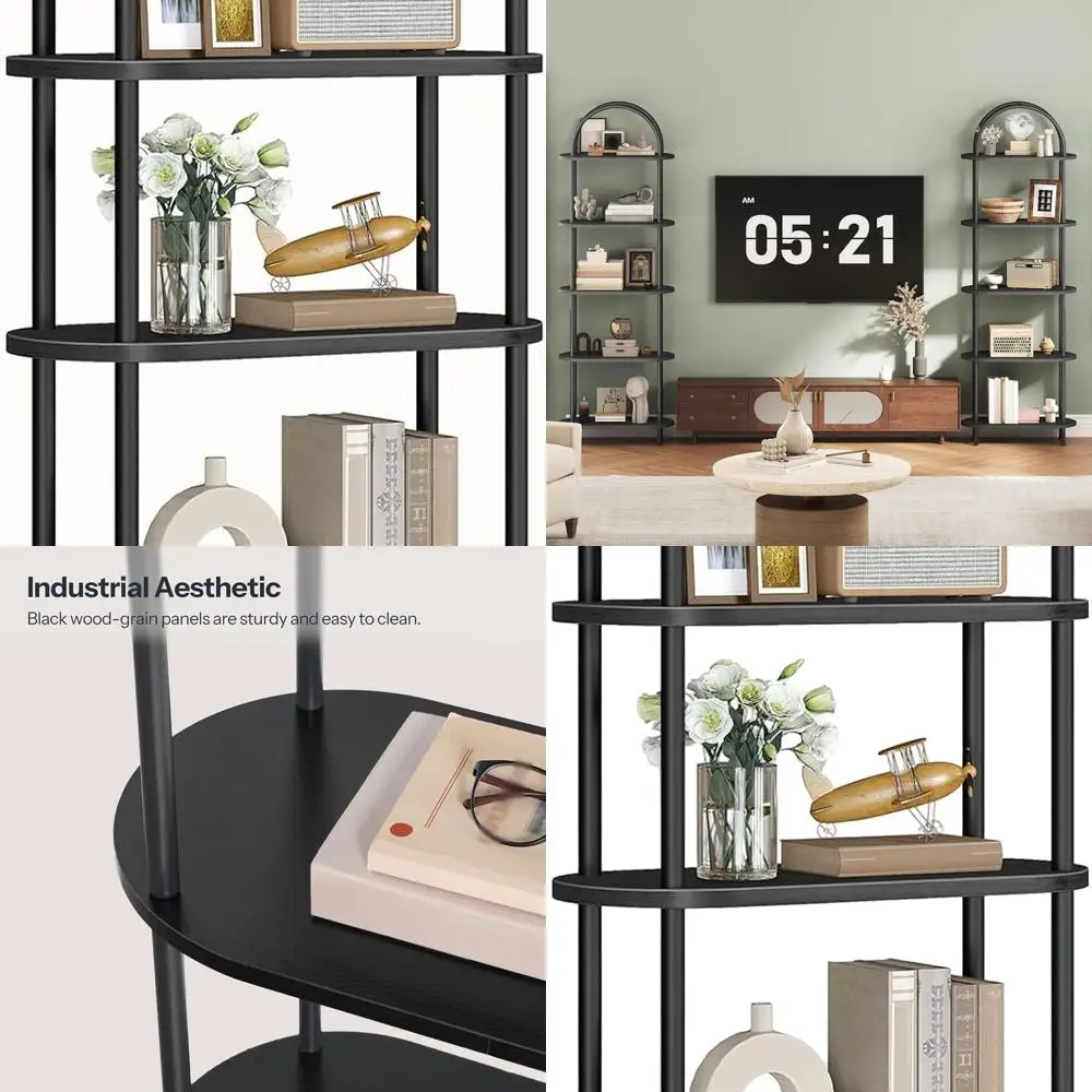 

5-Tier Industrial Style Open Bookshelf with Metal Frame, Black Wooden Storage Rack for Home, Easy Assembly