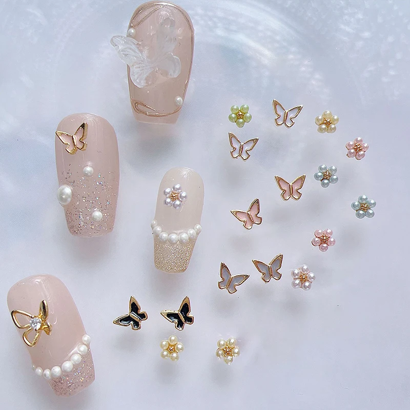 20 Stück Mini-Blumen für Frühlings- und Sommernägel, elegante Perlen-Blumen-Charms für Nagelkunst, kleine Legierungs-Blütenblatt-Charms mit Perlen