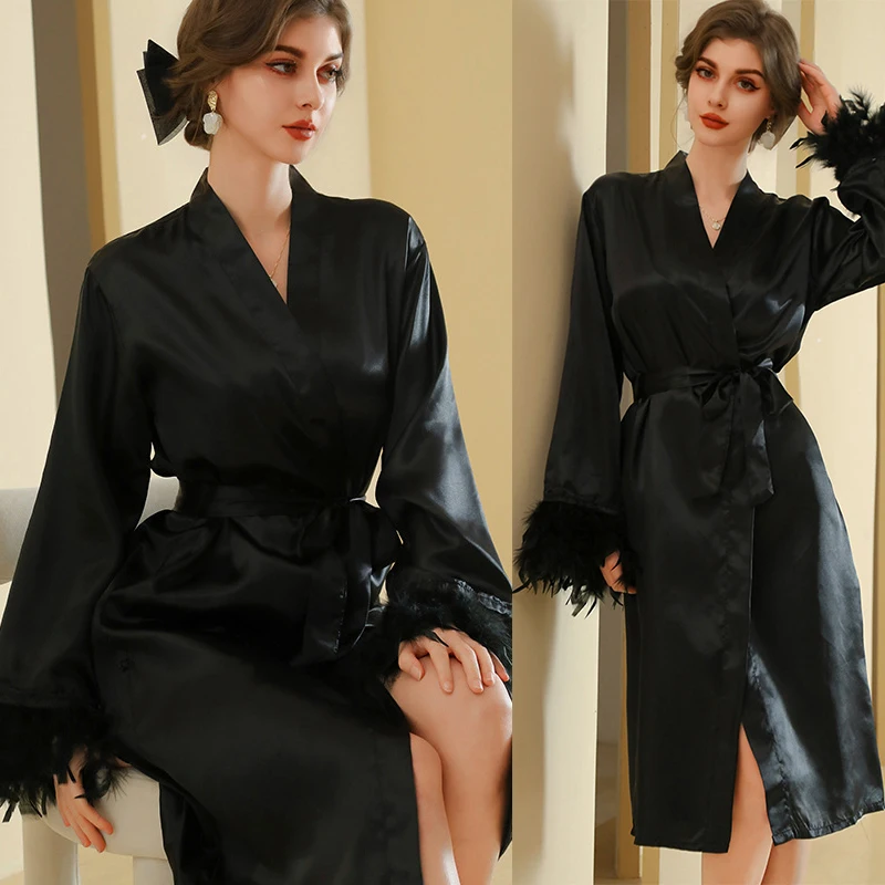 Feather Kimono Bathrobe Lady Satin Nightwear Lounge Sleepwear Sexy Nightdress Bride Wedding Morning Gown Women Casual Nightgown