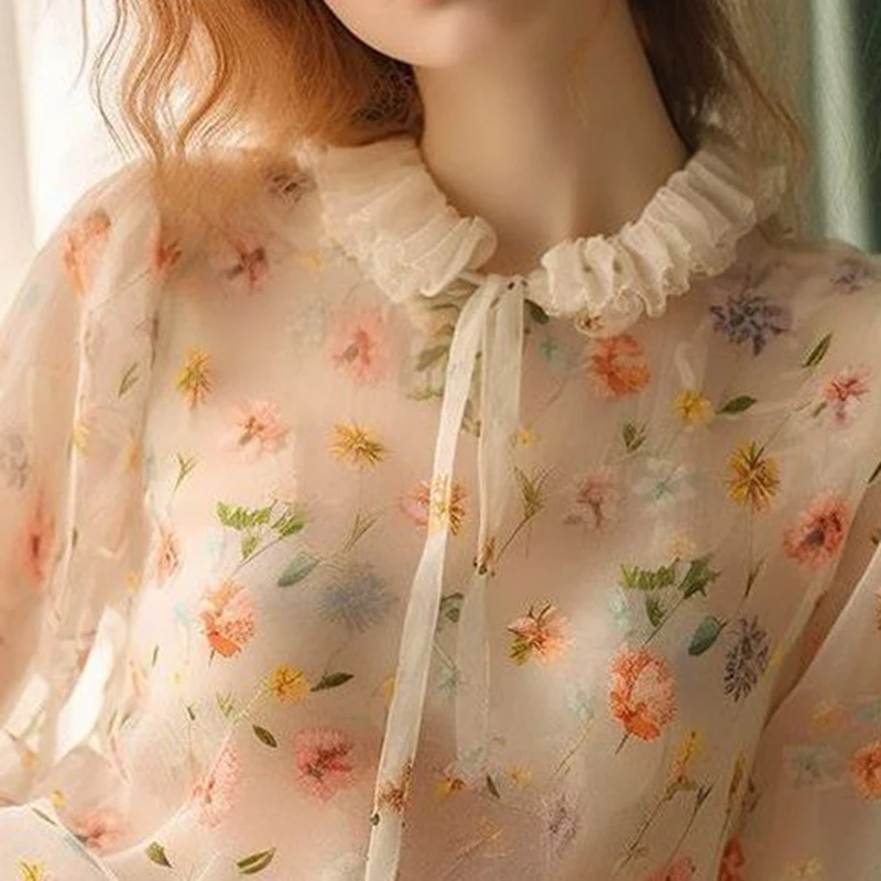 blouse women Chiffon women\'s summer 2024 new sweet short lace printed floral shirt lantern sleeve top