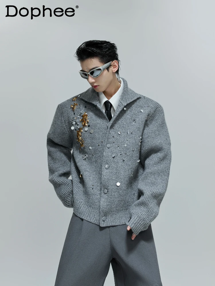 

Французский модный тренд, тяжелый кардиган с пайетками, свитер с высоким воротом, свободный повседневный стильный вязаный свитер для мальчиков