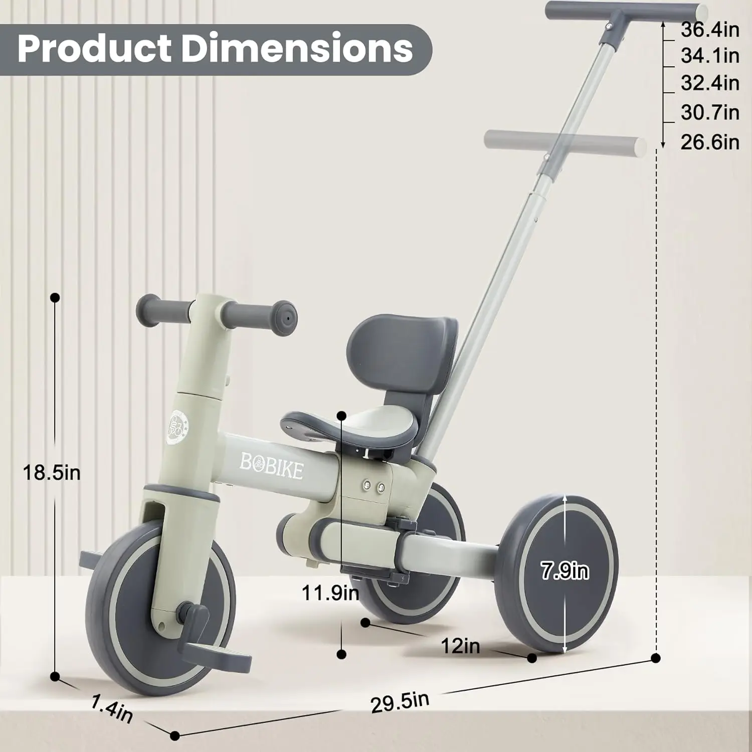 Triciclo 5 in 1 per bambini di 1-3 anni, bici per bambini, triciclo per bambini con maniglia di spinta e schienale, bici senza pedali per bambini con Ea